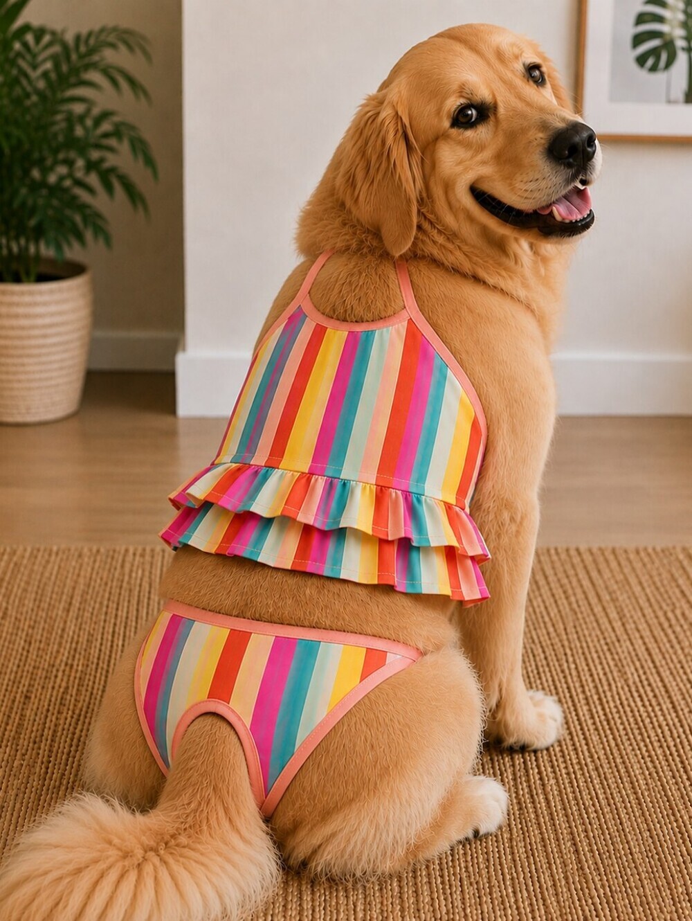 Woof Pet Apparel Rainbow Striped Dog Bathing Suit XL Ruffle Swimsuit NWT